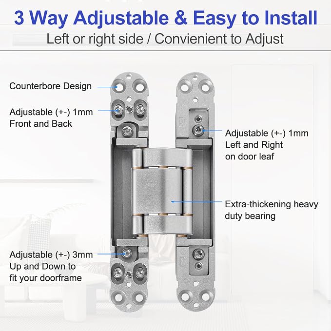 2Kits 7 inch Stainless Steel Hidden Door Hinges -Invisible Hinges for Doors, 180 Degree Swing Concealed Door Hinges, 3 Way Adjustable for Heavy Duty (‎Silver)