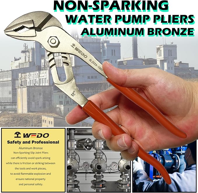 WEDO Water Pump Pliers, Slip Joint Pliers, Tongue and Groove Pliers, Length 12 inch, length 300mm, Max jaw opening 52mm, Aluminum Bronze, Non-Sparking, DIN Standard, BAM & FM Certificate