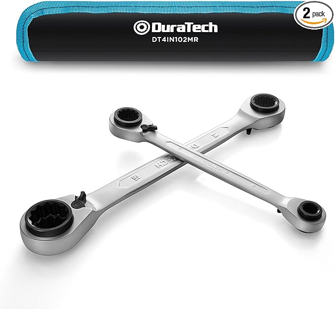 DURATECH 4-in-1 Reversible Ratcheting Box Wrench Set, Metric, 2-Piece | Double Box End, 8mm, 10mm, 12mm, 13mm & 14mm, 15mm, 17mm, 19mm, CR-V Steel, Matte Chrome Plated, Rolling Pouch
