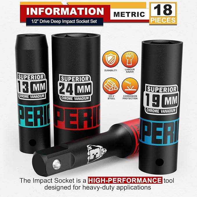 18 Piece 1/2" Drive Impact Socket Set, 10 mm - 24 mm Deep Socket, with Extension Bars:3-inch, 5-inch, 10-inch, Metric, 6-Point, CR-V Steel, Automotive Maintenance, Machinery Manufacturing