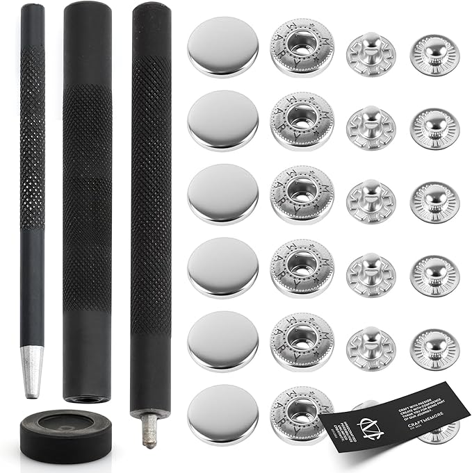 CRAFTMEMORE Snap Setter Fastener Kit Button Fixing Tool S-Spring Socket Popper Setting Tool with 10 Silver Snaps #633 VT5 (12mm (0.47"))