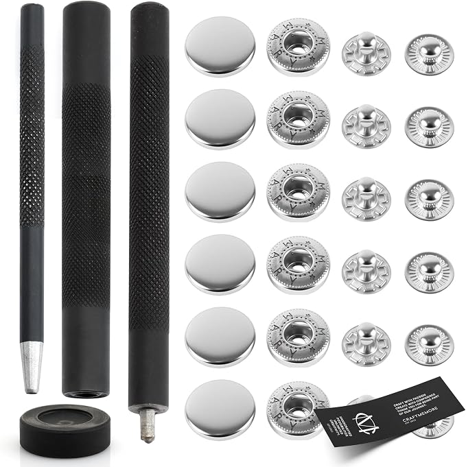 CRAFTMEMORE Snap Setter Fastener Kit Button Fixing Tool S-Spring Socket Popper Setting Tool with 10 Silver Snaps #831 VT8 (15mm (0.59"))