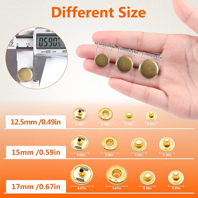 Alritz 120 Sets Leather Snap Fasteners Kit with Hammer Puncher, 12.5mm Metal Button Snaps Press Studs with 4 Setter Tools for Clothes, Jackets, Jeans Wears, Bracelets, Bags