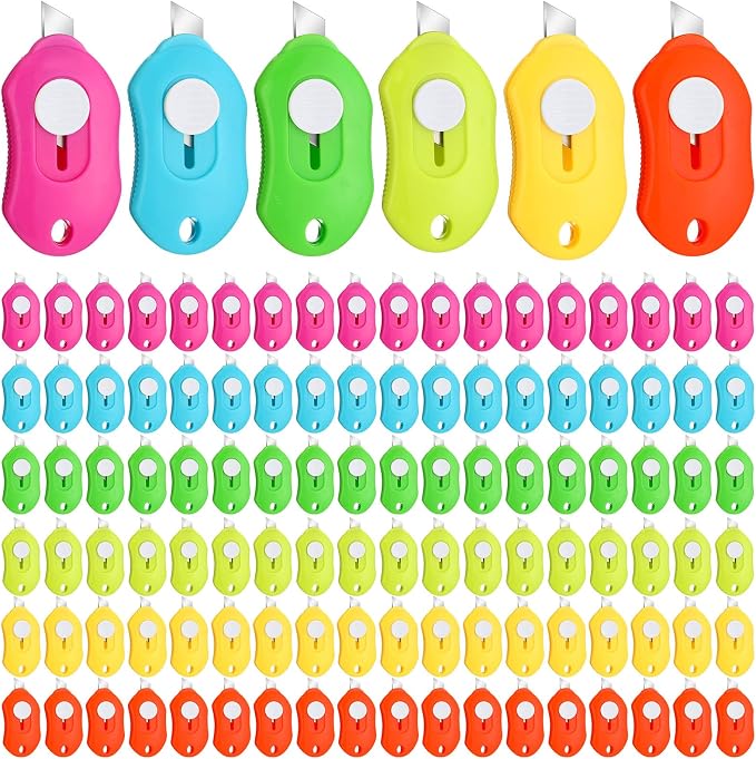 Lasnten 100 Pcs Mini Box Cutter Retractable Utility Knife Keychain Cute Pocket Knife Lightweight Colorful Letter Opener for Office Students Back to School Supplies Class Stationery DIY Crafts