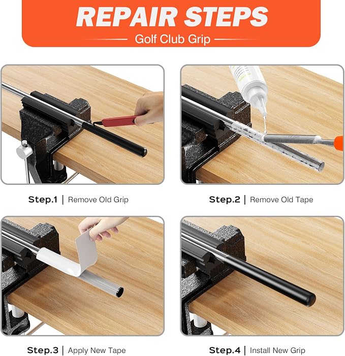 Golf Club Regripping Kit with Bench Vise – Complete Grip Repair & Replacement Set with Rubber Clamp, Solvent, Tape Strips & Tools for Golf Club Grip Installation, Home & Workshop DIY
