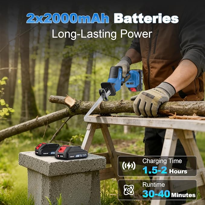 NANWEI Cordless Reciprocating Saw, 20V Brushless Motor 3500RPM Variable Speed, 2×2.0Ah Batteries, Tool-Free Blade Change, LED Light, 6 Blades, Portable for Wood/Metal/PVC Cutting (2.0Ah Batteries)