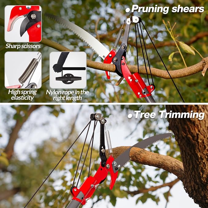 Suchtale Pole Saw 10FT, 2-in-1 Tree Pruner with Saw & Pruning Scissors, Quadruple Pulley Pole Trimmer for High Branch Cutting, Palm Tree, Fruit Tree & Shrub Pruning, Yard Garden Tree Care