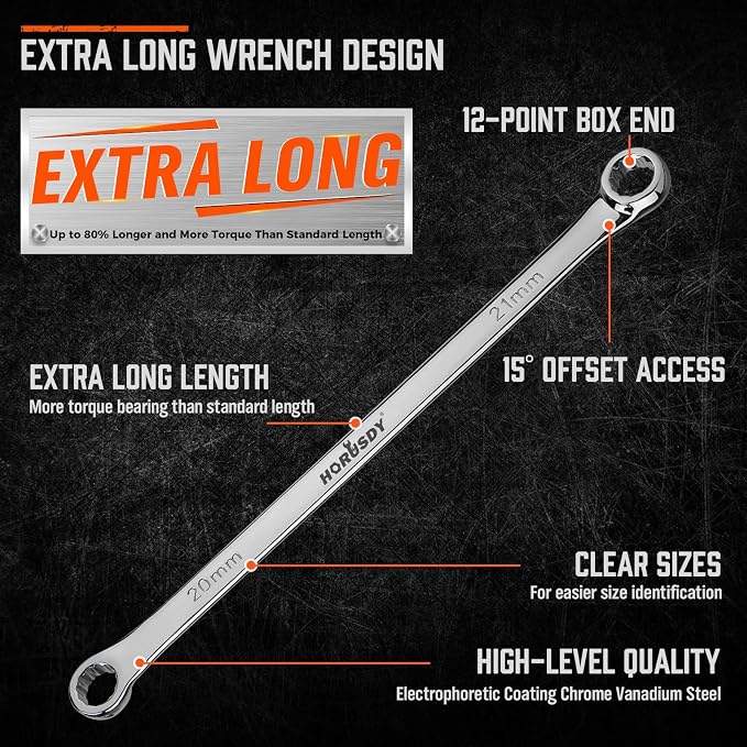 HORUSDY 8-Piece Extra Long Double Box-End Wrench Set, 12-Point Metric 8–24 mm, CR-V Steel, 15° Offset, Off-Corner Loading, with EVA Foam Organizer