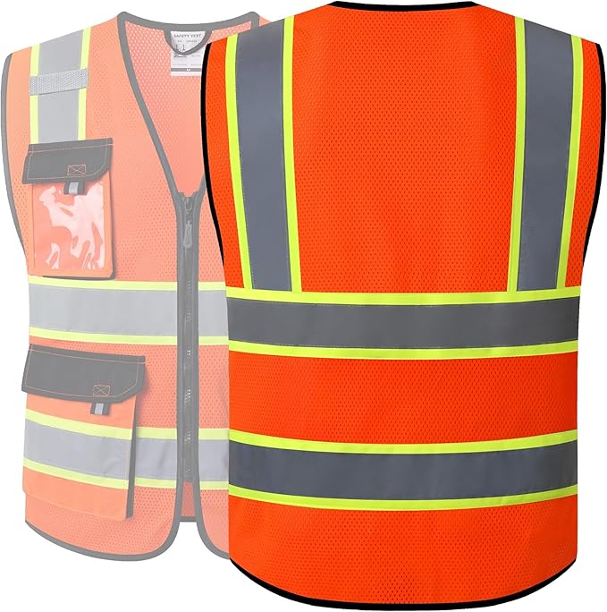 JKSafety Hi Vis Reflective Safety Vests for Men Women High Visibility Vest with Pockets Mesh Fabric Construction Safety Apparel Neon Vest for Work (220-orange S)