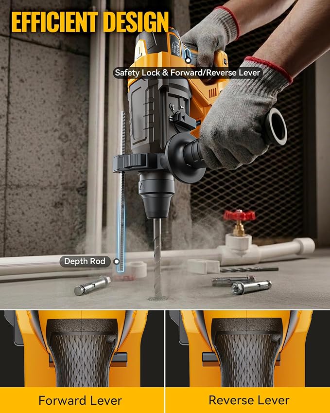 MtiolHig 1" SDS-Plus Cordless Rotary Hammer Drill Compatible with DEWALT 20V Battery, 3J Impact Energy Brushless Motor, 7-Speed Variable 4-Mode with 5 Chisel/Bit Set for Concrete/Masonry, Tool Only