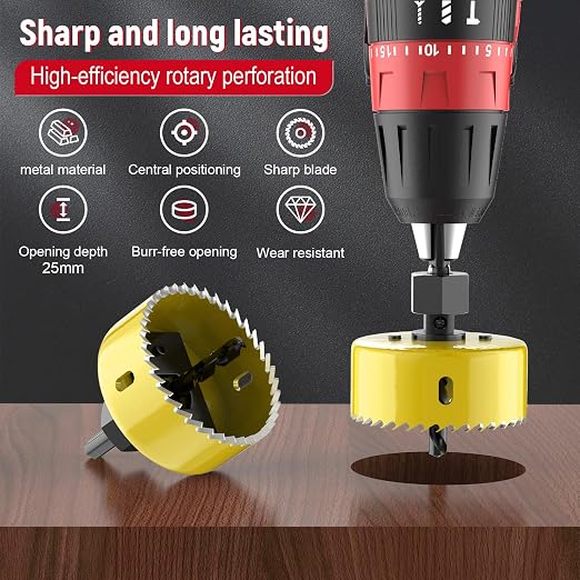 12-Piece Hole Saw Kit, Includes 8 Sizes (3/4" to 2-1/2"), Arbors, Drill Bits, and Hex Key, Ideal for Softwood, Plywood, and PVC（Yellow）