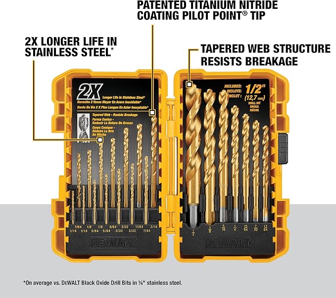 DEWALT Titanium Nitride Coated Drill Bit Set, Pilot Point, 21-Piece (DW1361), Pack of 5