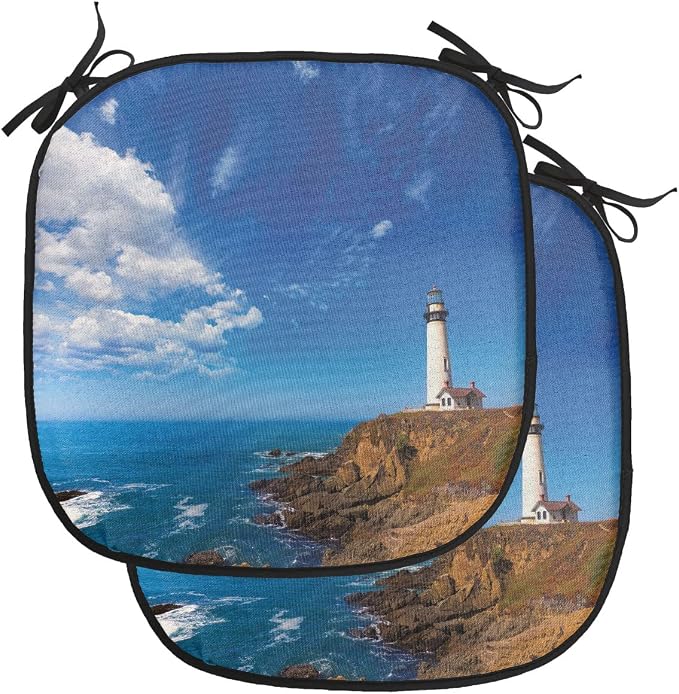 Lunarable Lighthouse Chair Cushion Pads Set of 2, California City Pigeon Point Lighthouse in Cabrillo Coastal Image Print, Anti-Slip Seat Padding for Kitchen & Patio, 16"x16", Blue White Brown