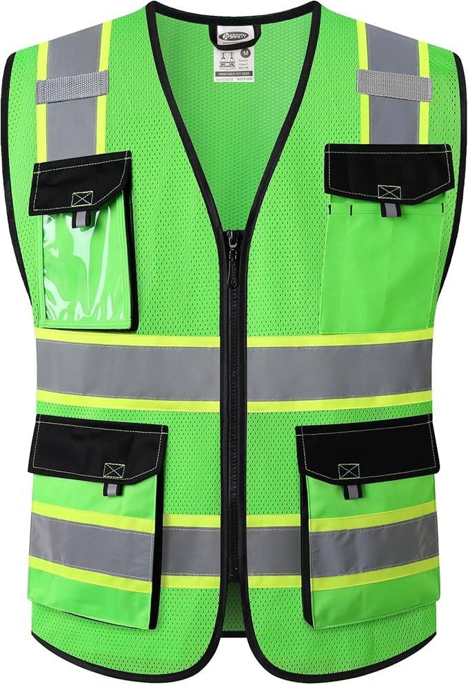 JKSafety Hi Vis Reflective Safety Vests for Men Women High Visibility Vest with Pockets Mesh Fabric Construction Safety Apparel Neon Vest for Work (220-Green XL)