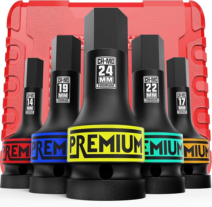 3/4" Drive Impact Hex Bit Socket Set, Metric,14mm, 17mm, 19mm, 22mm, 24mm, Impact Allen Bit Socket, Cr-Mo Steel, One-Piece Construction, 5-Pieces