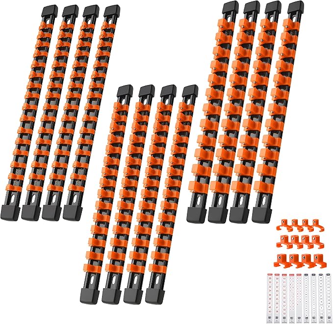 Reniteco 12-Pack Socket Organizer Set, 1/4" x 64 3/8" x 60 1/2" x 48 Clips | 172 Clip Capacity, Havy-Duty ABS Socket Rails, Removable Clips, Drive Socket Storage, Toolbox Drawer or Wall Mount