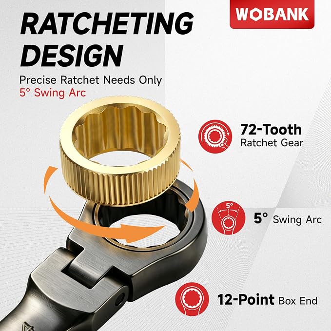 22-Piece Ratcheting Wrench Set, Flex Head Combination Wrenches Set with Organizer Box, Metric 8-19mm and SAE 1/4" to 3/4" Size, 12 Points 72-Teeth, Nickel Plating