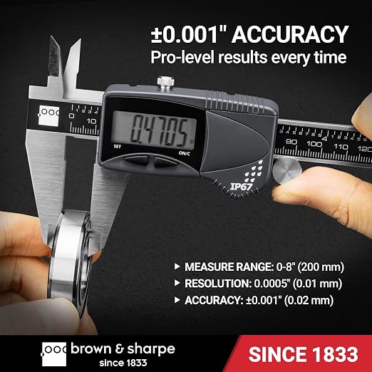 Brown & Sharpe Digital Caliper Measuring Tool, 8" Stainless Steel Vernier Caliper Digital Micrometer with .0005"/0.01mm Resolution, IP67, Electronic Slide Caliper for Laboratory, Factory, DIY