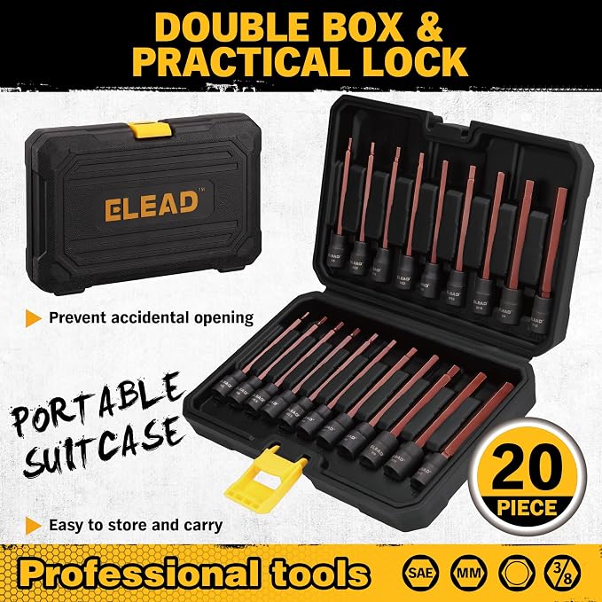 Extra-Long Allen Hex Bit Socket Set: 20-Piece 3/8 Inch Drive, 110mm S2 Steel, Standard SAE & Metric (1/8-Inch - 7/16-Inch, 3-12mm) for Impact Drills and Ratchet Wrenches