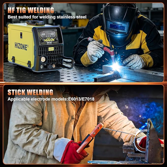 HIZONE Multifunctional Welders Plasma Cutter Combo 200A，8 in 1 Multiprocess Welder Gas MIG/PULSE MIG/MAG/Flux Gasless MIG/HF TIG/Stick/CUT/SPOT MIG 110/220V Dual Voltage Aluminum Welding Machine