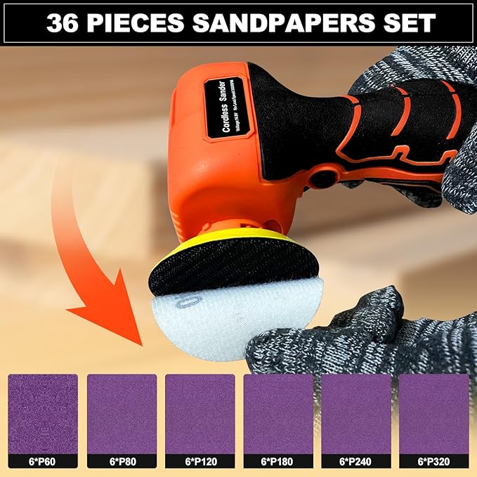 16.8V Cordless Electric Sander with 36PCS Sandpapers, 3500 RPM, 2Pcs 3.0Ah Batteries, Lightweight & Compact Design for Wood, Metal, Paint Removal, and DIY Projects