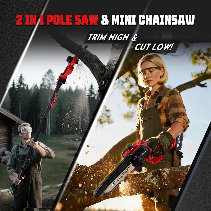 2-in-1 Electric Pole Saw for Tree Trimming,1200W Brushless Cordless Pole Saw & 6 Inch Mini Chainsaw with 2 x 4.0Ah 21V Batteries,16 FT Max Reach & Multi-Angle, Tree Trimmer for Branch Cutting.