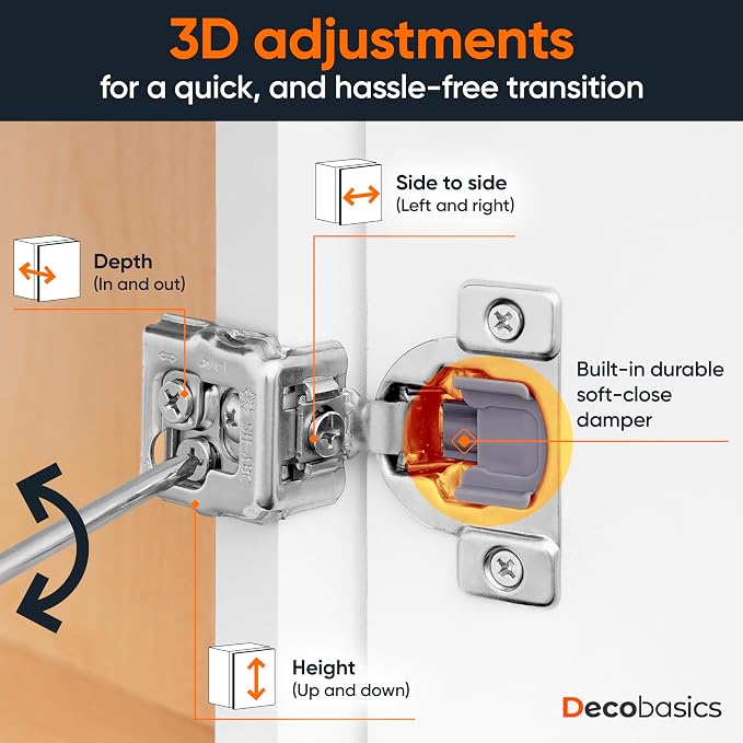 Decobasics 10 Pack Soft Close Cabinet Hinges 1-1/4" Overlay for Kitchen Cabinet Doors, Slow Self-Closing Concealed Hidden Hinges for Face Frame –Stainless Steel, 3-Way Adjustable & Quiet Close Damper
