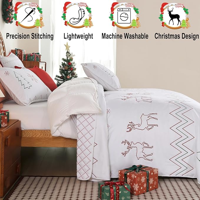 Cmfshape Christmas Embroidery Quilt Set,3 Pieces King Size Xmas Tree Reindeer Pattern Bedding Set,Reversible Christmas Bedspread Coverlet,Holiday Bedding(106"x96")