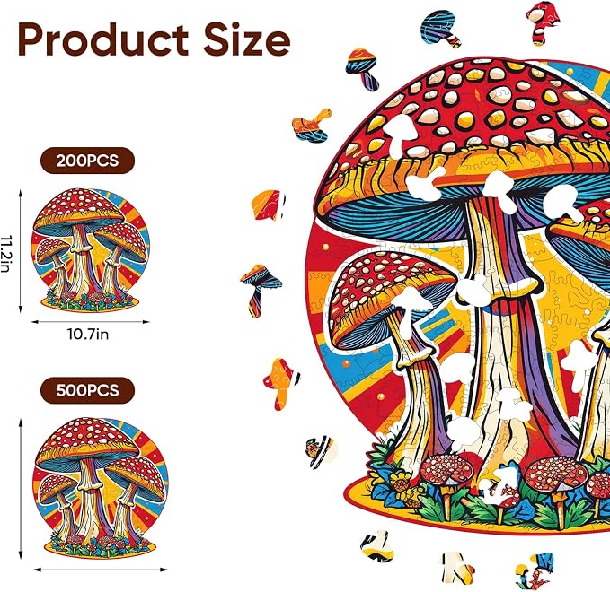 Mys Aurora Mushroom Wooden Puzzles for Adults, 200 Piece Unique Shaped Wood Jigsaw Puzzles for Adults and Kids, Fun Challenging Puzzles Family Game Gift, Medium 11.2'' x 10.7'