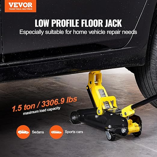 VEVOR Low Profile Floor Jack 1.5 Ton (3300 lbs), Heavy Duty Iron Hydraulic Racing Floor Jack, Hydraulic Car Jack, Single Piston Quick Lift Pump, 4.7"-12.1" Height Lifting Range (Yellow)
