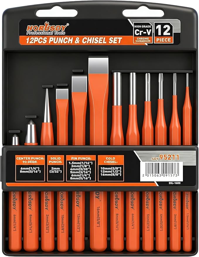 HORUSDY 12-Piece Punch and Chisel Set, Including Cold Chisels, Pin Punch, Center Punch
