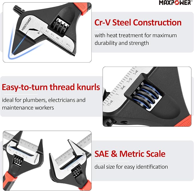 MAXPOWER 6 8 12-inch Slim Jaw Adjustable Wrench Set | 40% Thinner Jaw Wrench Designed for Plumbing and Tight Spot Applications