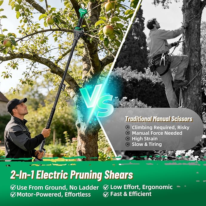 2-in-1 Electric Pruning Shears with Extension Pole, 1.6" Cutting Diamete Cordless Electric Scissors with Brushless Motor, Dual 2.0Ah Batteries, LCD Display, Sk7 Blade for High Branch & Garden Trimming