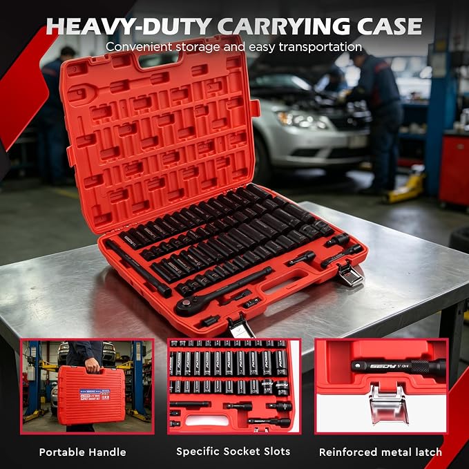 66-Piece 1/2" Drive Impact Socket Set, SAE 3/8" to 1-1/4" and Metric 10-24mm, Deep & Standard 6-Point Cr-V Sockets with Ratchet, Extension Bars, Adapters, Universal Joint, Drill Adapter, Storage Case