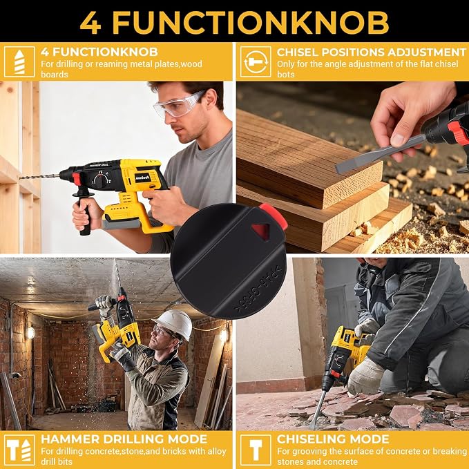 SDS-Plus Cordless Rotary Hammer Drill Compatible with DeWalt 20V MAX Battery (Tool Only), Hammer Drill for Concrete with 4 Functions, Rotomartillo Brushless Motor Includes 5 Drill Bits, 2 Chisels