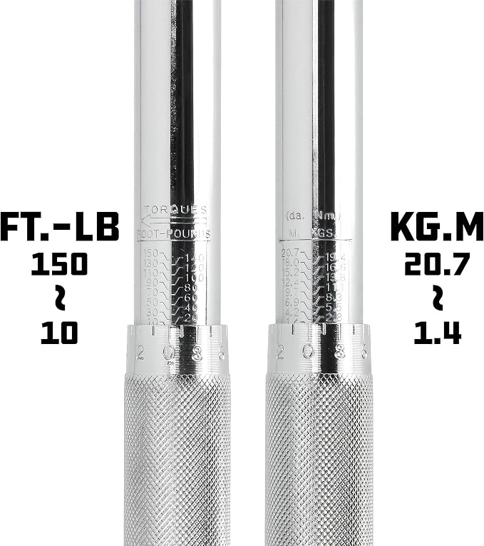 Powerbuilt Dual Drive Torque Wrench, 3/8 and 1/2 Inch Drives, 10ft Lbs, 19-inches Long, 10-150 Feet Range, Micrometer Style Torque Ranges 944001