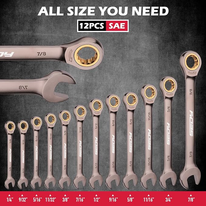 Premium 12-Piece SAE Ratchet Wrenches Set with Magnetic Organizer 1/4"-7/8", 72-Tooth Ratcheting Wrench Set, Cr-V Steel Ratchet Combination Wrench Set for Automotive, Machine Repair