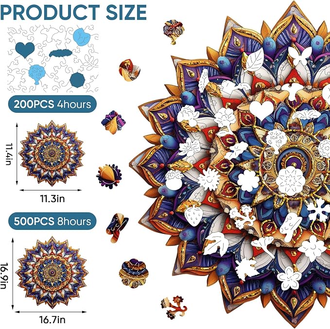 Delobil Geometric Mandala Wooden Puzzles for Adults, 200 Pieces (11.4 x 11.3 Inches) 5mm Thick Extra Sturdy with Unique Animal & Plant Shaped Irregular Pieces, Wooden Box Gift for Adults