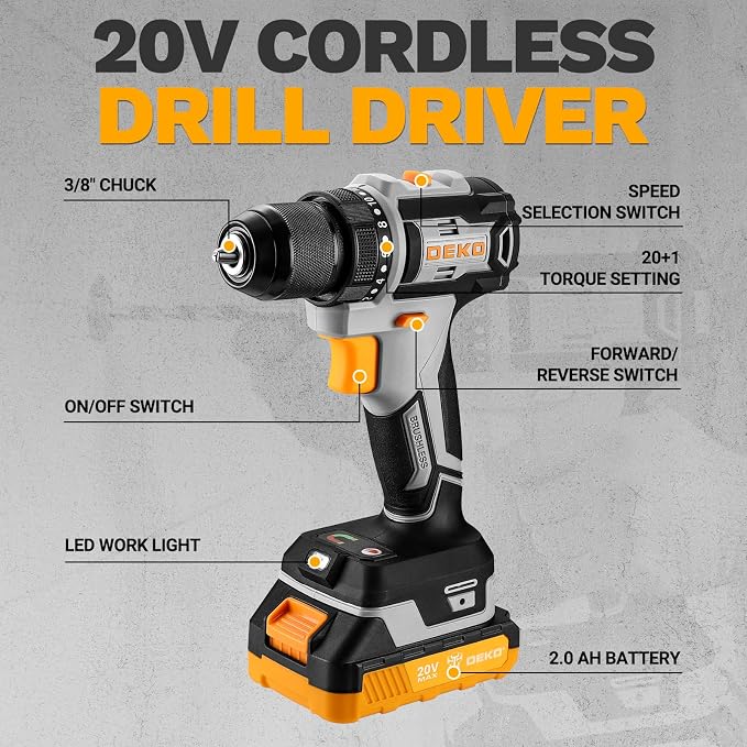 Cordless Drill & Impact Driver: DEKOPRO 20V Brushless Power Drill and 20V Brushless Impact Driver Set, Power Tool Set with 2x2.0Ah Batteries, Charger, Bag & 52xAccessories-Yellow