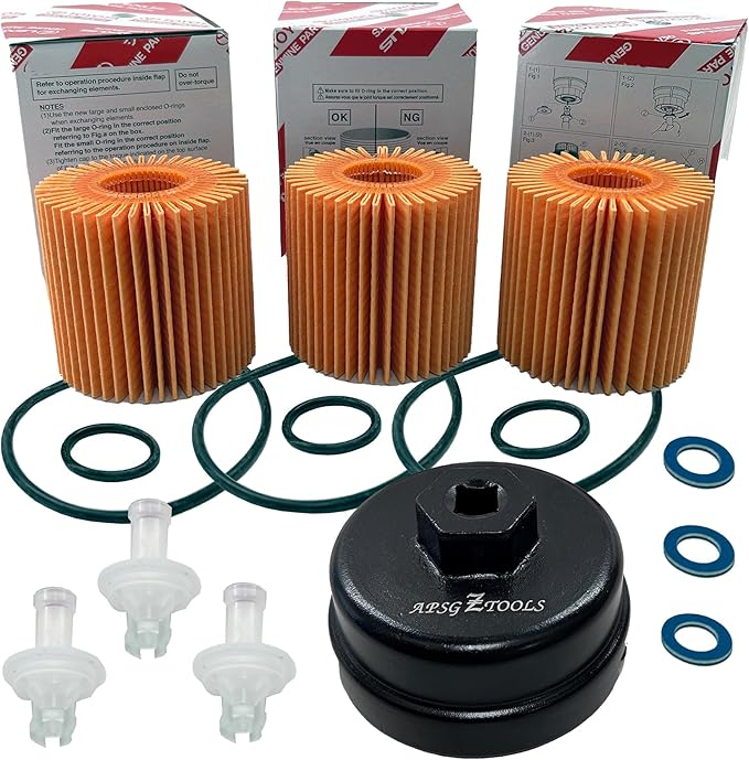 OEM GENUINE 04152-YZZA1 OIL FILTERS x 3 with APSG CRUSH WASHERS and FILTER CAP WRENCH | 2.5L 2.7L 3.5L Engine | Compatible with ES350, GS350 RX350, Camry, RAV4, Highlander, Sienna, Tundra, Tacoma +
