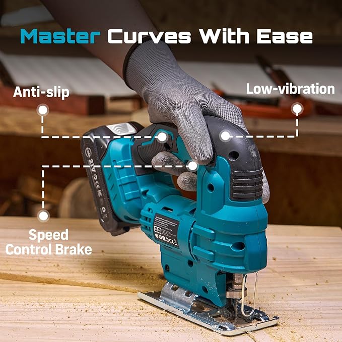 SEESII Jig Saw, Cordless Jigsaw Tool with 2×2.0Ah Batteries and Charger | ±45° Bevel Cuts, 4 Orbital for Wood Metal PVC Cutting, Variable Speed, with 9 Blades, LED Light, Safety Lock, Storage Bag