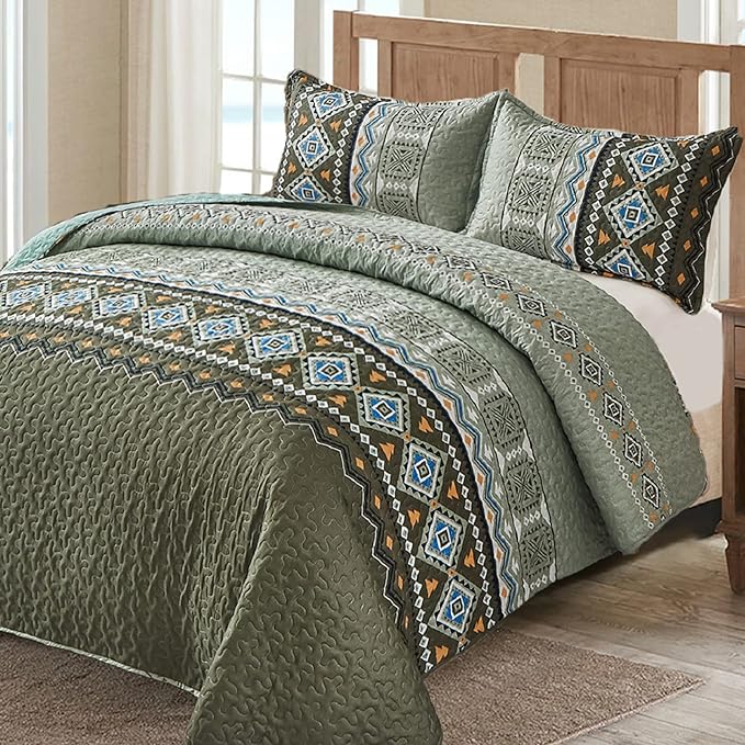 WONGS BEDDING Green Boho Quilt Set Full,3 PCS Summer Quilt Bedspread Lightweight Geometry Printed Coverlet Set with 2 Pillowcase,Soft Bohemian Bedding Set 78''×90''