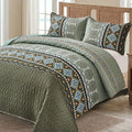 WONGS BEDDING Boho Quilt Set California King,3 Piece Olive Green Oversize Fall Bedspread Coverlet Set with Geometry Printed for All Season, Lightweight Oversized Bohemian Bedding Set 106"×96"