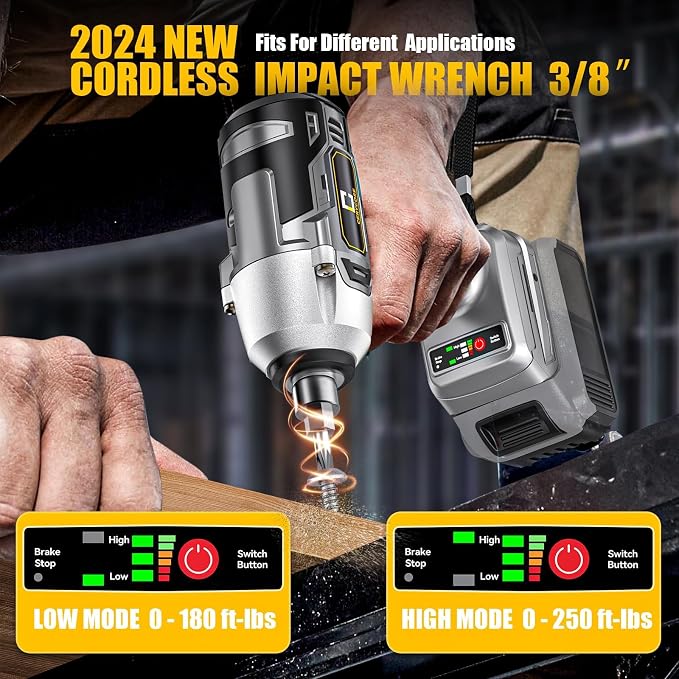 Cordless Impact Wrench for Dewalt Battery 250FT-LBS 3/8 inch 340N.m Compact Impact Gun Brushless Electric Includes LED Work Light - 2400RPM Light-Duty Impact Driver Wrench - No Battery