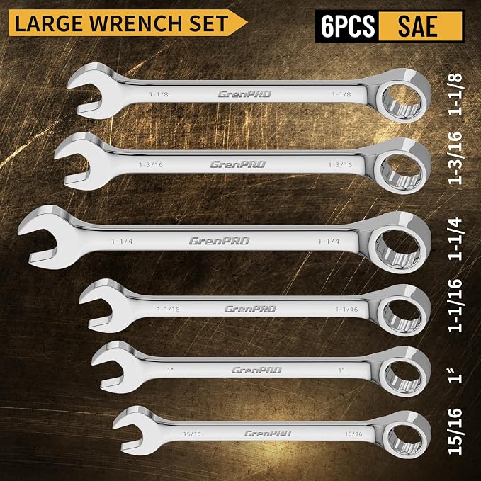 GRENPRO 7PC SAE Large Wrench Set Combination Open End Wrench Big Wrenches | Includes 15/16" 1" 1-1/16" 1-1/8" 1-3/16" 1-1/4" Long Wrenches, 15° Offset 12pt Box End, Roll-Up Pouch & Gauge, CR-V Steel
