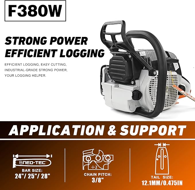 F380W 72cc 2-Cycle Gasoline Power Chain Saws, 3.6KW 4.8HP Gas Chainsaw Fit for 24/25/28 inch Bar, All Parts Compatible with MS381 MS380 038 Neotec 872I without Bar