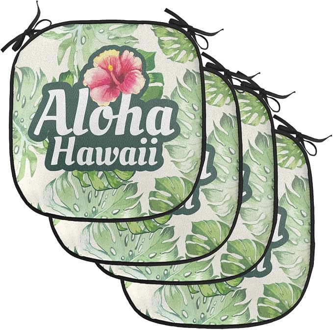 Lunarable Hawaiian Chair Cushion Pads Set of 4, Monstera Leaves Tropic Plants Leaves Humid Weather Summer Travel Destination, Anti-Slip Seat Padding for Kitchen & Patio, 16"x16", Green Pink Cream