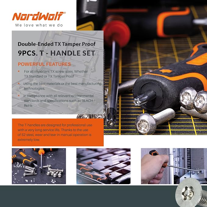 NordWolf 9-Piece T-Handle Torx Wrench Set, S2 Steel Long Arm Security Star Keys, Sizes T10 to T50 in Storage Box