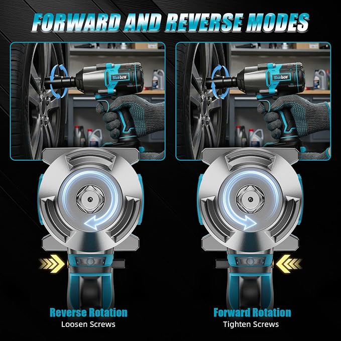 Bluebow Cordless Impact Wrench, 960 ft-lbs (1300 N·m) Brushless Impact Wrench with 2x4.0Ah Battery, 1/2" 3-Speed Modes Impact Gun with 4 Sockets for Pickup, Truck, Home Car