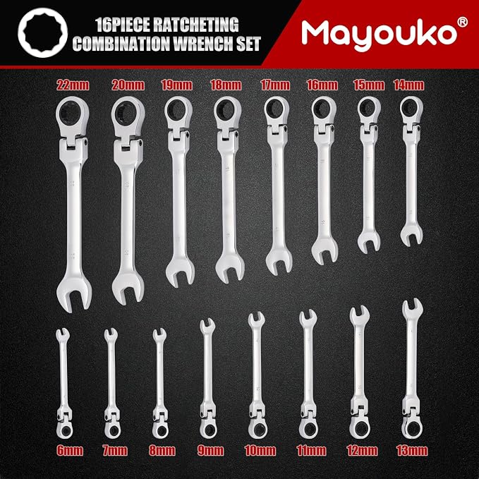 Mayouko 16-Piece Flex-Head Ratcheting Combination Wrench Set, Metric 6-22mm, 72-Teeth, CR-V Steel, With Rolling Pouch